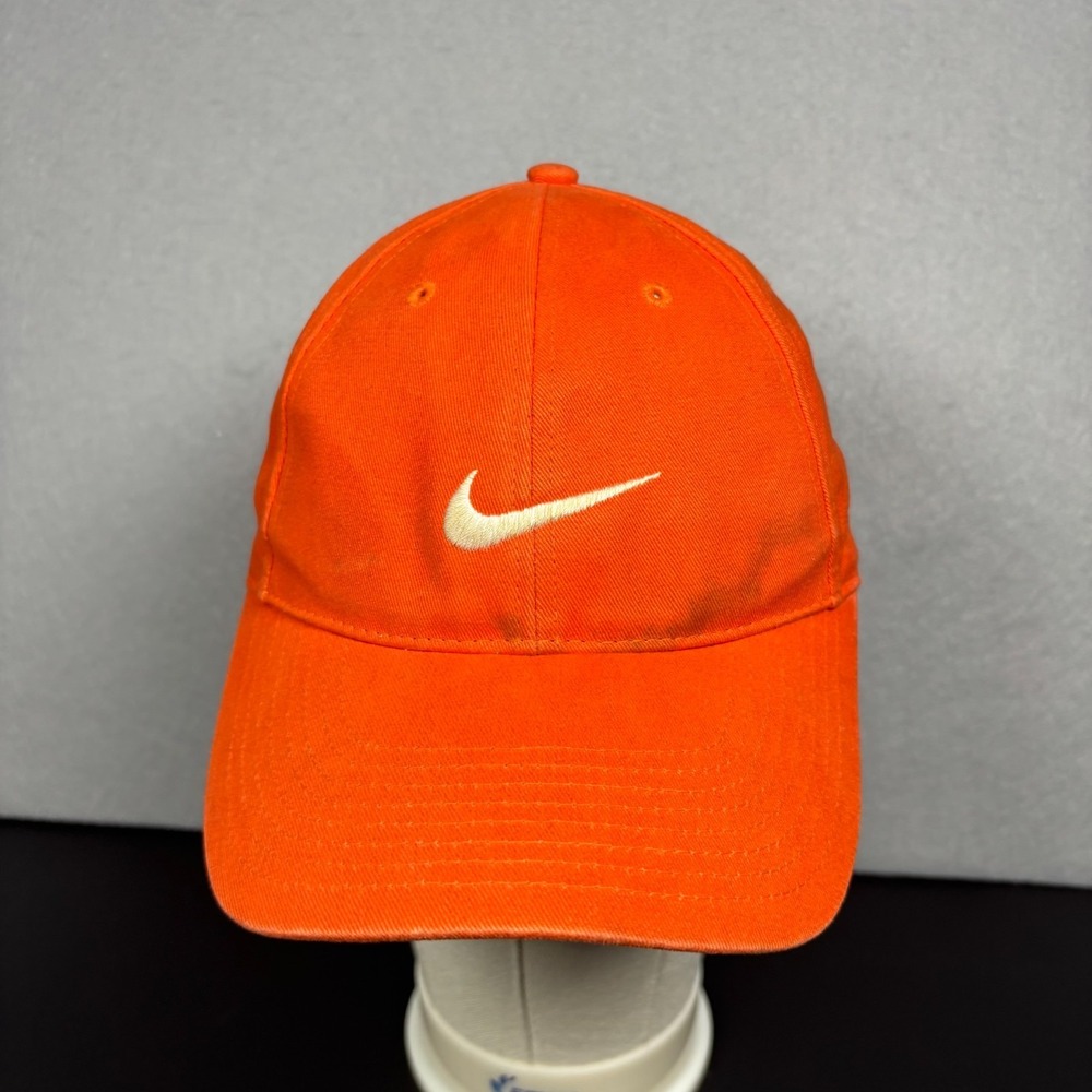Nike Orange Baseball Cap Y2K White Swoosh Unisex Adult OSFM Hook & Loop Hat